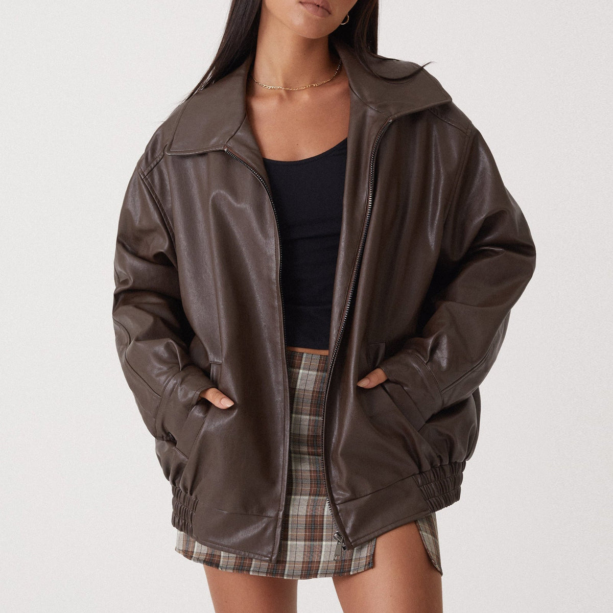 Women's Leather Bomber Jacket - Zip Front Elastic Cuffs