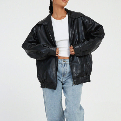 Women's Leather Bomber Jacket - Zip Front Elastic Cuffs