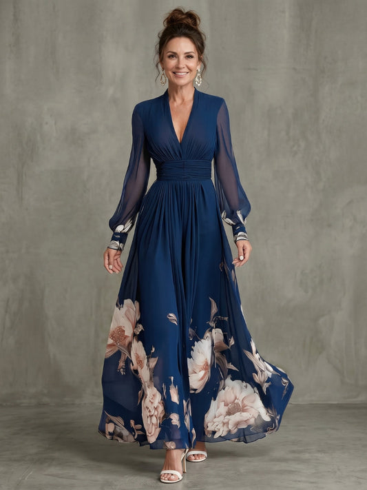 Esmedora | V-Neck Pleated Maxi Dress with Sheer Sleeves | Wedding Guest