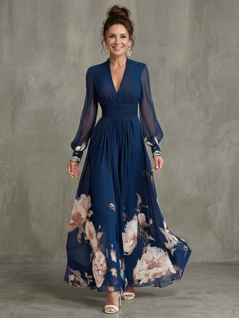 Esmedora | V-Neck Pleated Maxi Dress with Sheer Sleeves | Wedding Guest