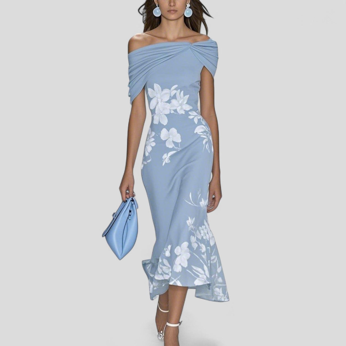 Eulalia | Floral Off-Shoulder Wedding Guest Midi Dress