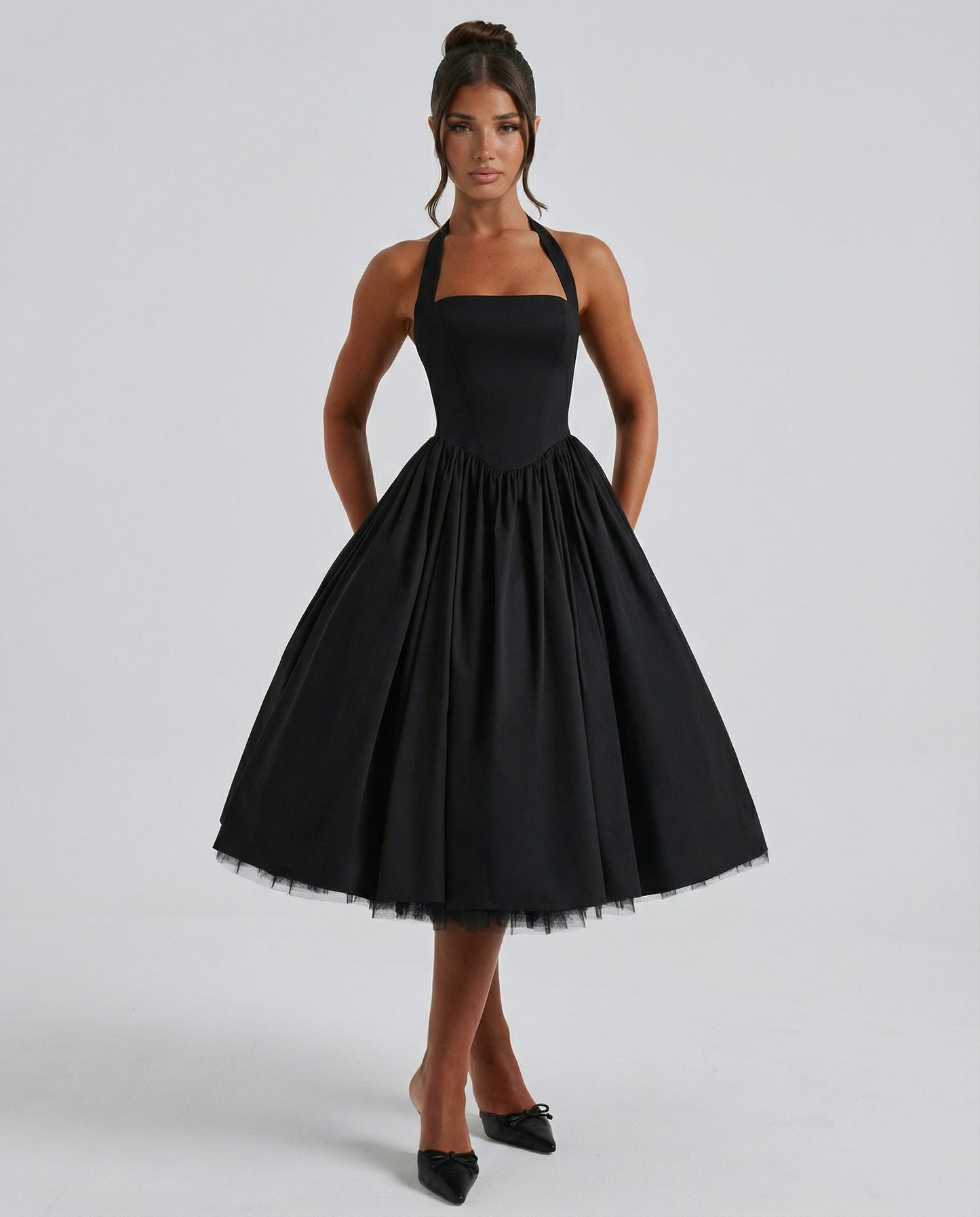 Fayereth | Halter Neck Lace Up Back Midi Dress | Wedding Guest