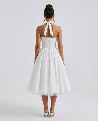 Fayereth | Halter Neck Lace Up Back Midi Dress | Wedding Guest