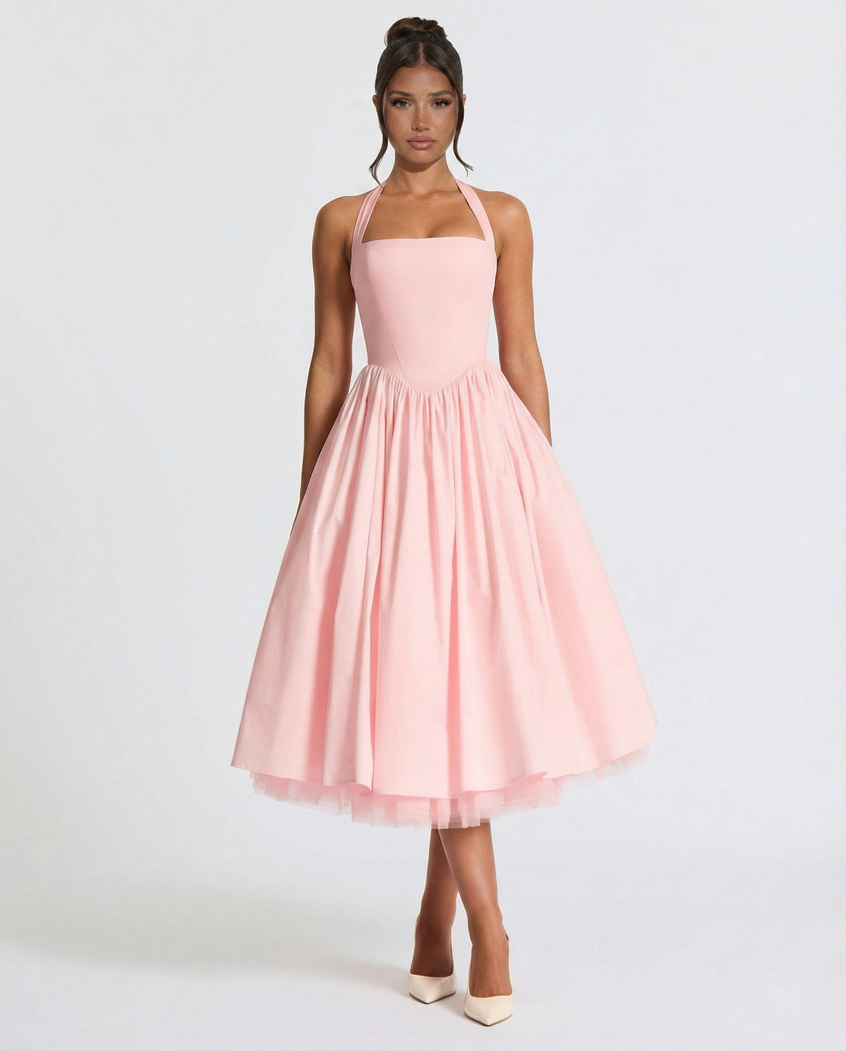 Fayereth | Halter Neck Lace Up Back Midi Dress | Wedding Guest