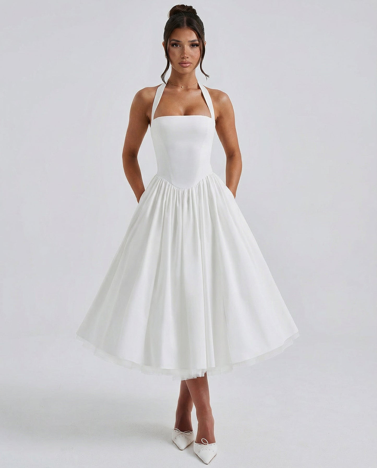 Fayereth | Halter Neck Lace Up Back Midi Dress | Wedding Guest
