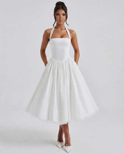 Fayereth | Halter Neck Lace Up Back Midi Dress | Wedding Guest
