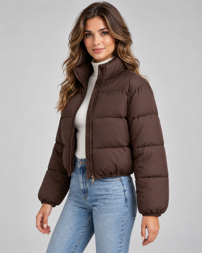 Women's Puffer Jacket - Cropped Quilted Funnel Neck Winter Coat