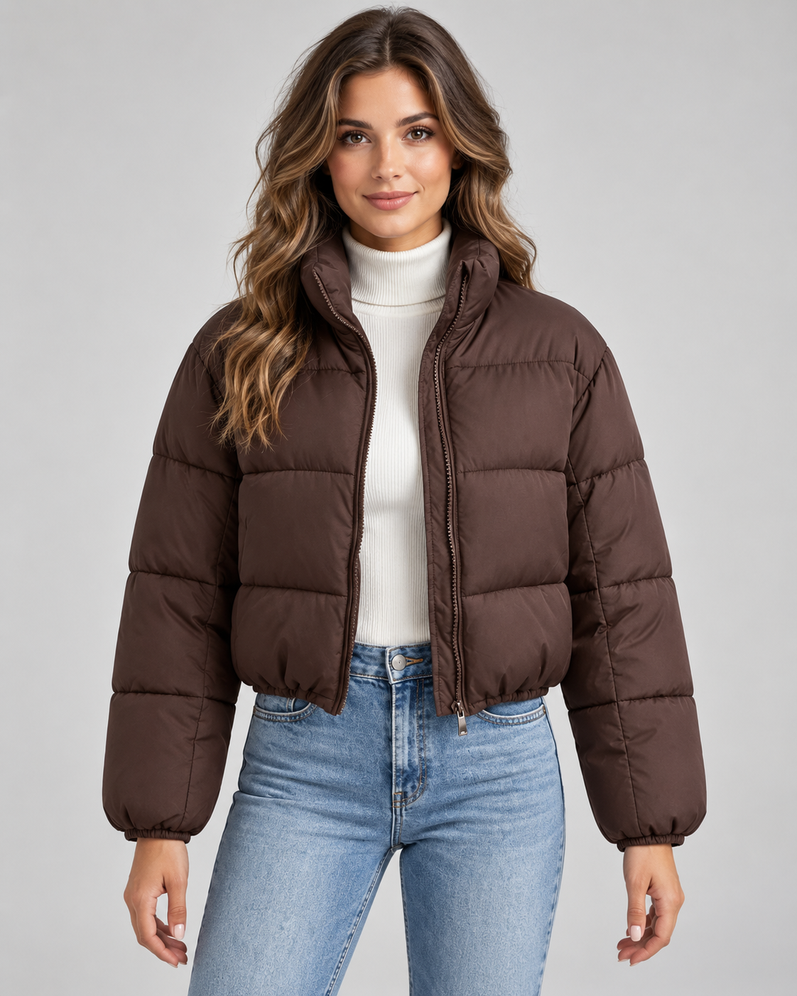 Women's Puffer Jacket - Cropped Quilted Funnel Neck Winter Coat