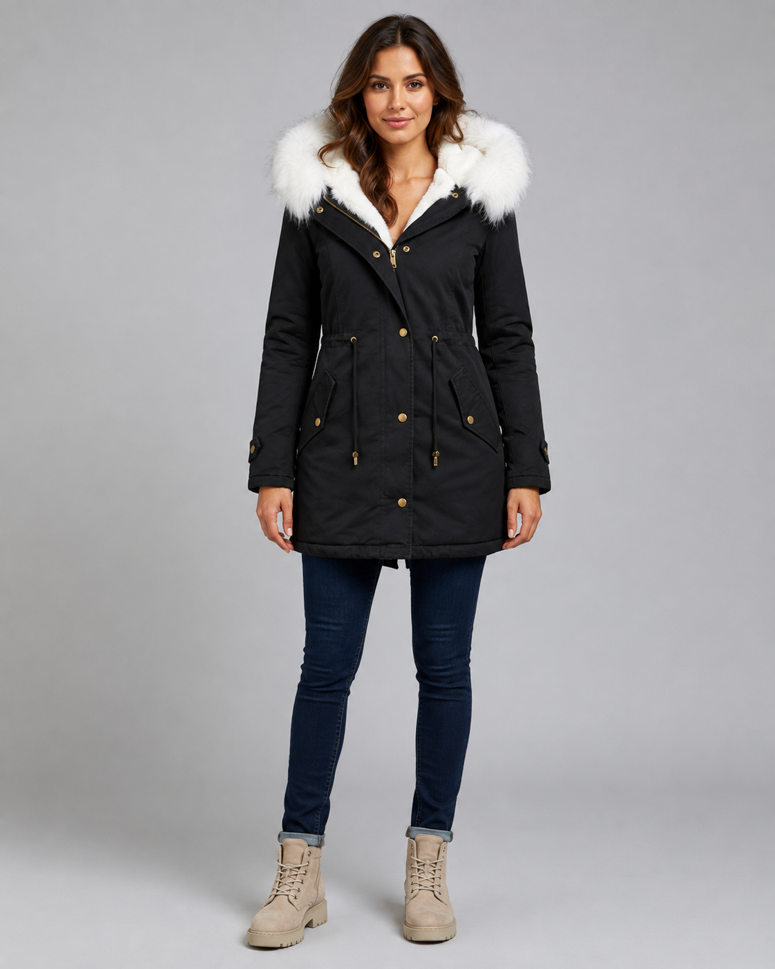 Women's Winter Parka - Hooded Long Coat with Faux Fur Trim