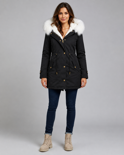Women's Winter Parka - Hooded Long Coat with Faux Fur Trim