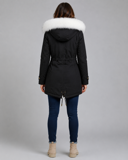 Women's Winter Parka - Hooded Long Coat with Faux Fur Trim