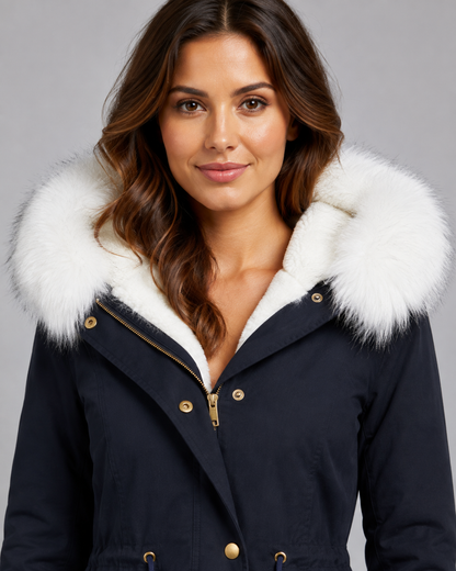 Women's Winter Parka - Hooded Long Coat with Faux Fur Trim
