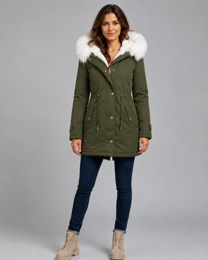 Women's Winter Parka - Hooded Long Coat with Faux Fur Trim