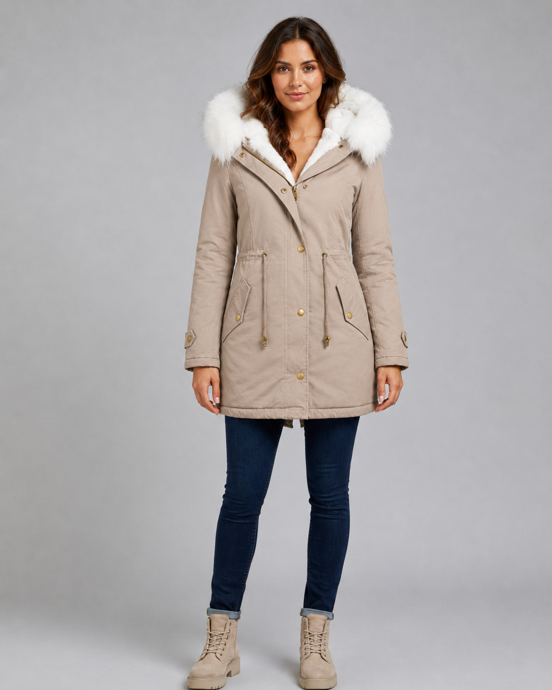Women's Winter Parka - Hooded Long Coat with Faux Fur Trim