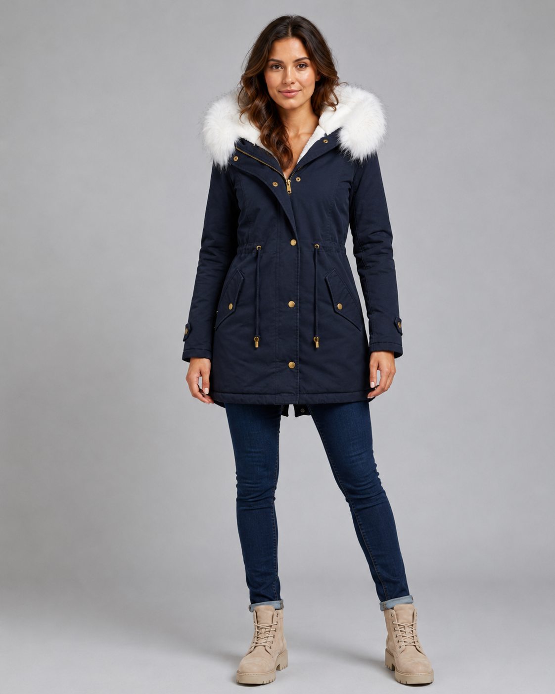 Women's Winter Parka - Hooded Long Coat with Faux Fur Trim