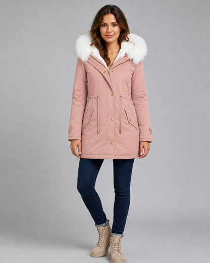Women's Winter Parka - Hooded Long Coat with Faux Fur Trim