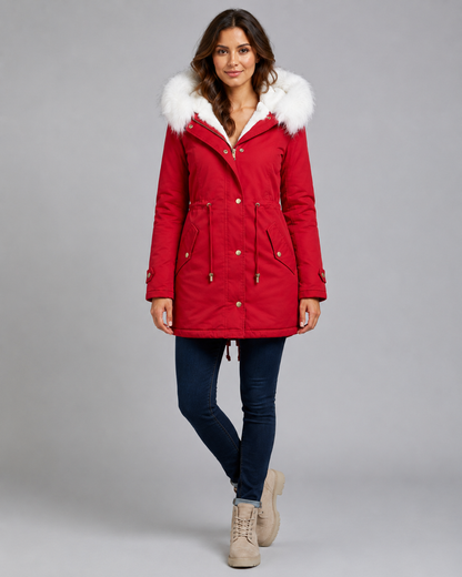 Women's Winter Parka - Hooded Long Coat with Faux Fur Trim