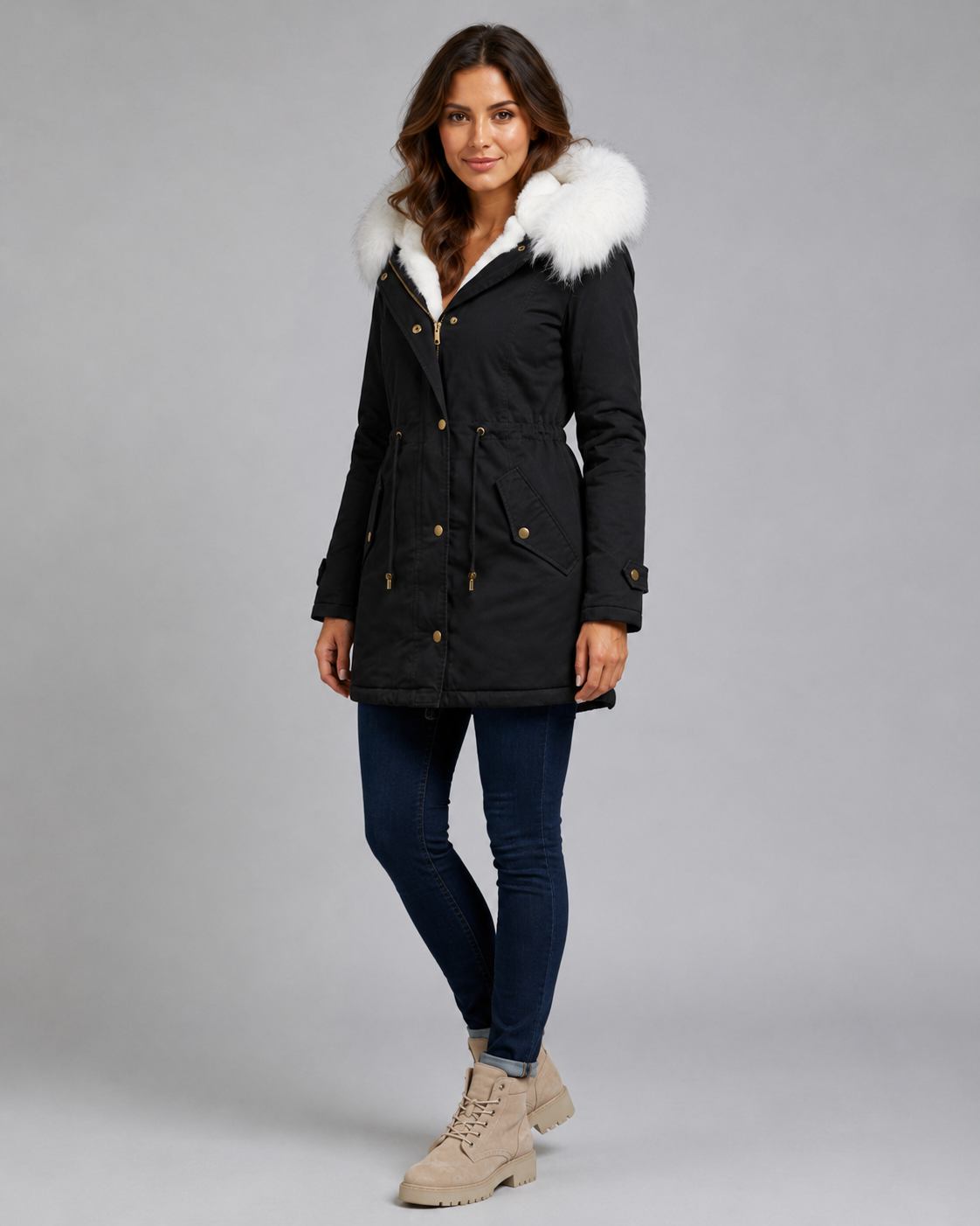 Women's Winter Parka - Hooded Long Coat with Faux Fur Trim