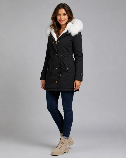Women's Winter Parka - Hooded Long Coat with Faux Fur Trim