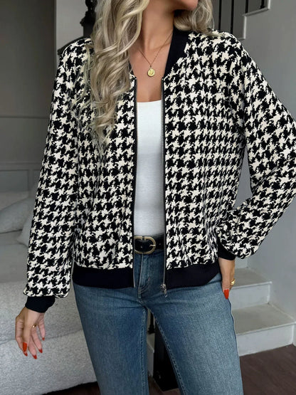 Women's Black Houndstooth Bomber Jacket – Zip-Up