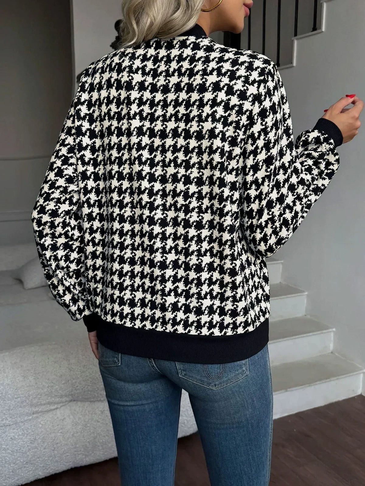 Women's Black Houndstooth Bomber Jacket – Zip-Up