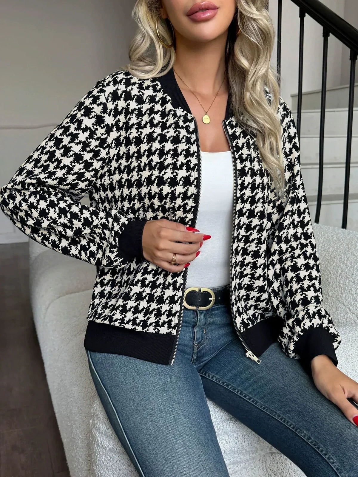 Women's Black Houndstooth Bomber Jacket – Zip-Up