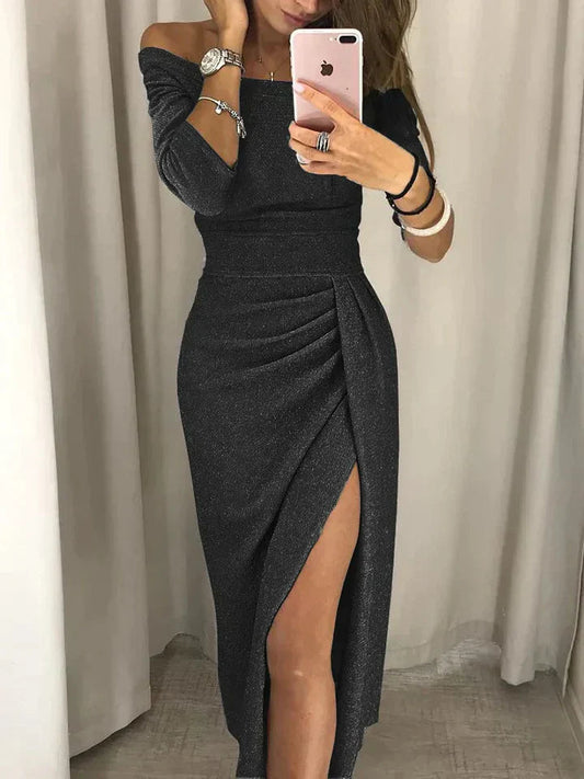Giulia | Women's Wedding Guest Shimmer Off-Shoulder Midi Dress
