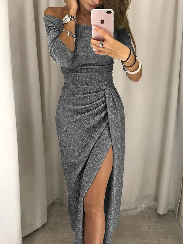 Giulia | Women's Wedding Guest Shimmer Off-Shoulder Midi Dress
