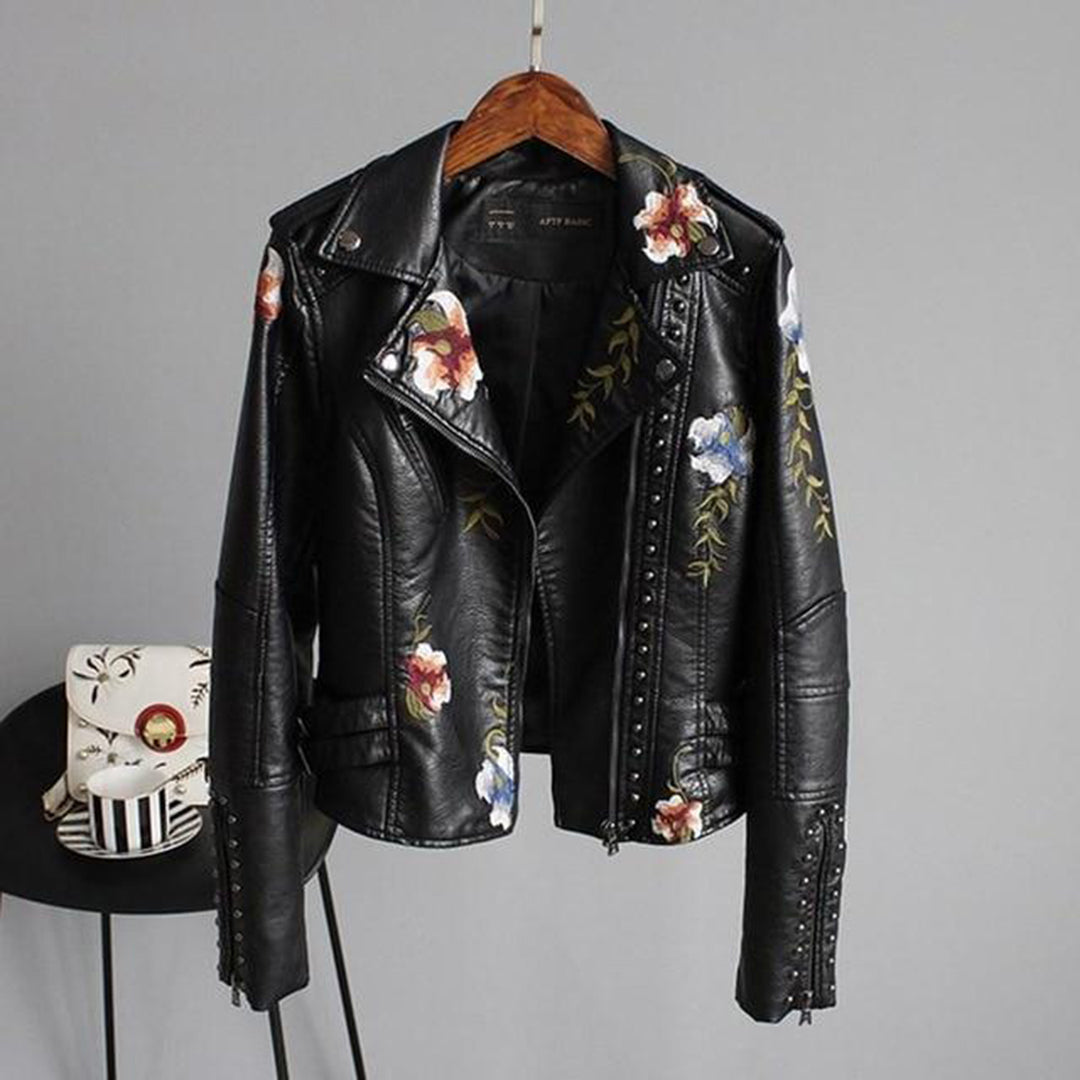 Women’s Biker Jacket - Floral Embroidered Studded Zip Front