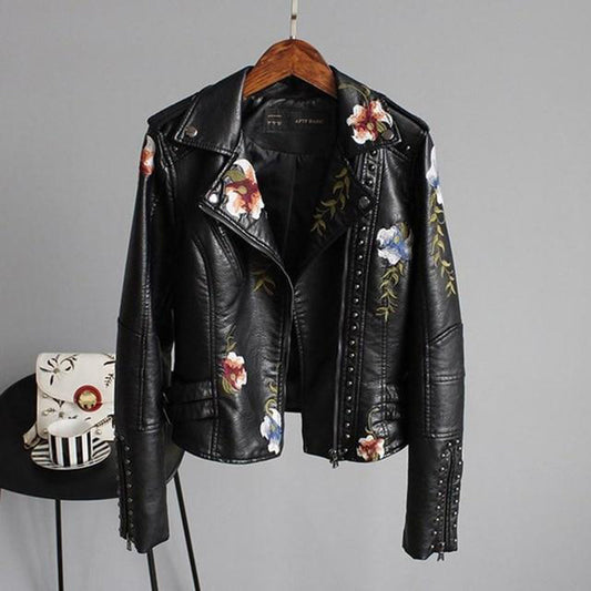 Women’s Biker Jacket - Floral Embroidered Studded Zip Front