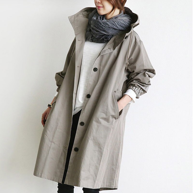 Women’s Hooded Trench Coat - Adjustable Cuffs Snap Closure