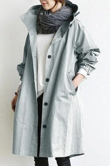 Women’s Hooded Trench Coat - Adjustable Cuffs Snap Closure