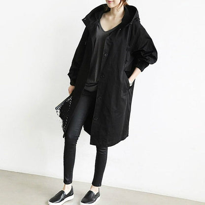 Women’s Hooded Trench Coat - Adjustable Cuffs Snap Closure