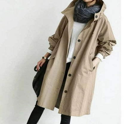 Women’s Hooded Trench Coat - Adjustable Cuffs Snap Closure