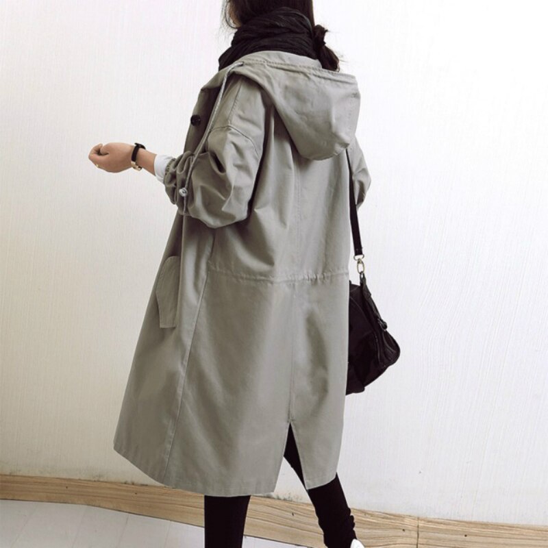 Women’s Hooded Trench Coat - Adjustable Cuffs Snap Closure