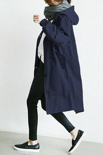 Women’s Hooded Trench Coat - Adjustable Cuffs Snap Closure
