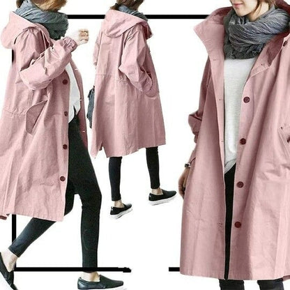 Women’s Hooded Trench Coat - Adjustable Cuffs Snap Closure