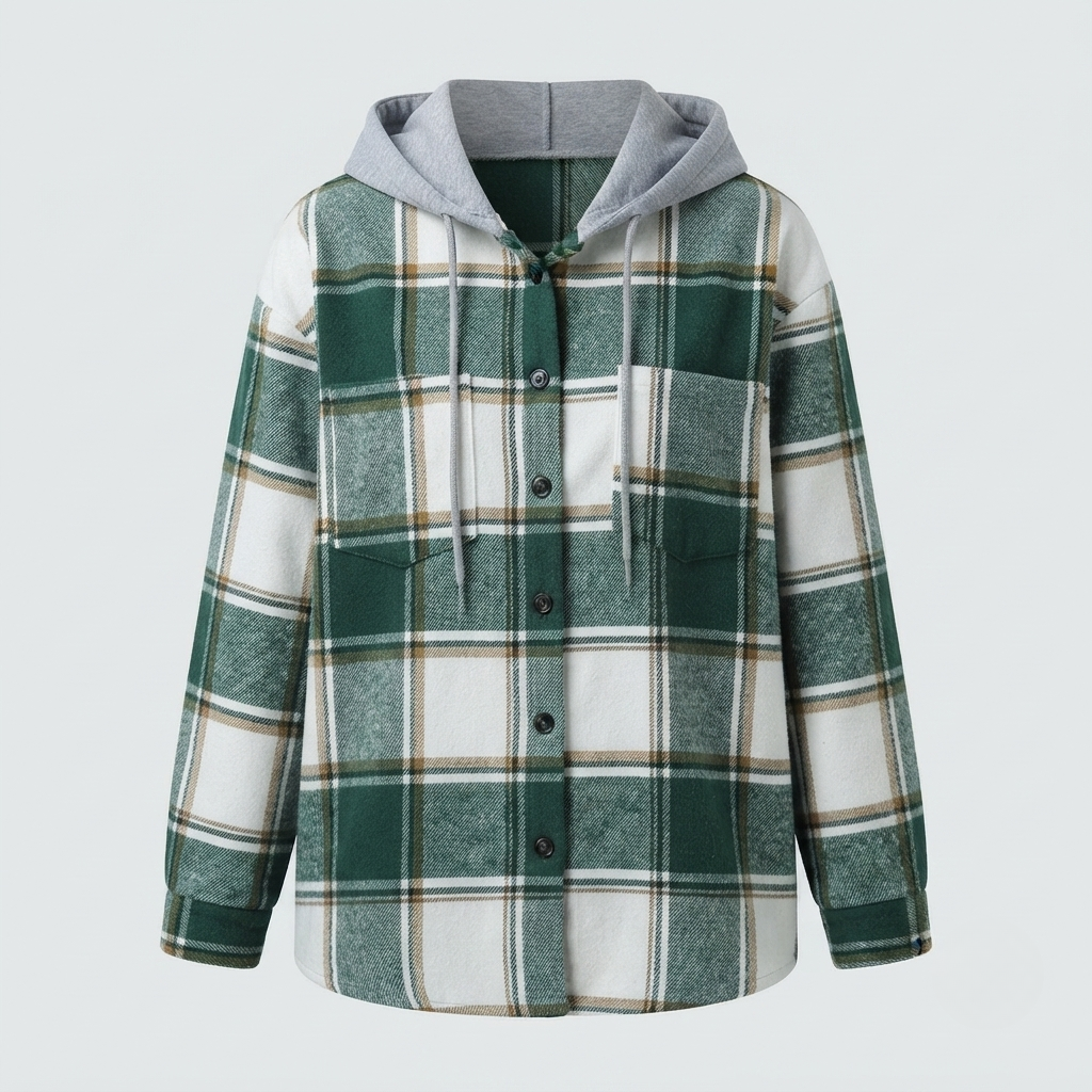 Women's Plaid Flannel Shacket - Hooded Shirt Jacket