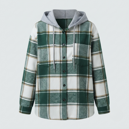 Women's Plaid Flannel Shacket - Hooded Shirt Jacket