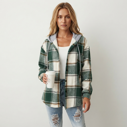 Women's Plaid Flannel Shacket - Hooded Shirt Jacket
