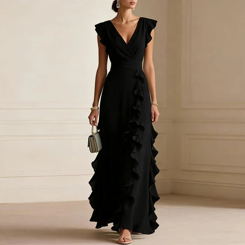 Halcydora | Deep V-Neck Ruffle Trim Maxi Dress | Wedding Guest