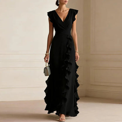 Halcydora | Deep V-Neck Ruffle Trim Maxi Dress | Wedding Guest
