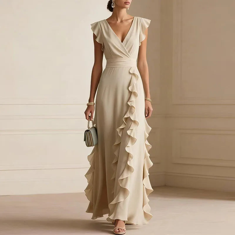 Halcydora | Deep V-Neck Ruffle Trim Maxi Dress | Wedding Guest