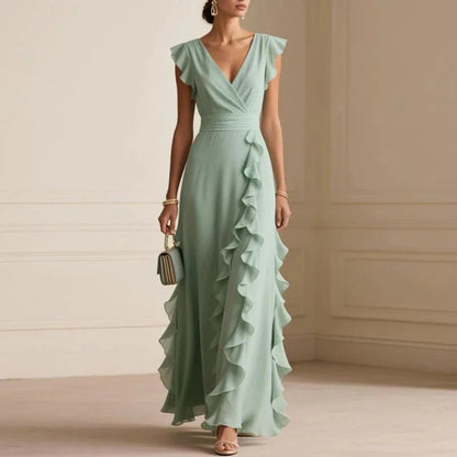Halcydora | Deep V-Neck Ruffle Trim Maxi Dress | Wedding Guest