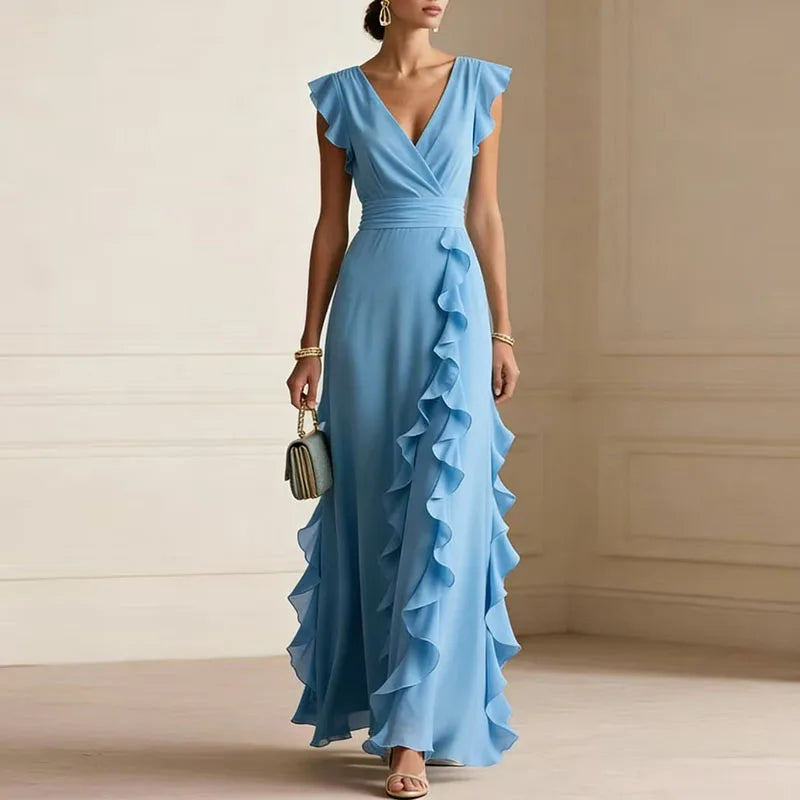 Halcydora | Deep V-Neck Ruffle Trim Maxi Dress | Wedding Guest