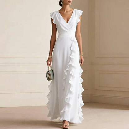 Halcydora | Deep V-Neck Ruffle Trim Maxi Dress | Wedding Guest
