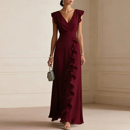 Halcydora | Deep V-Neck Ruffle Trim Maxi Dress | Wedding Guest