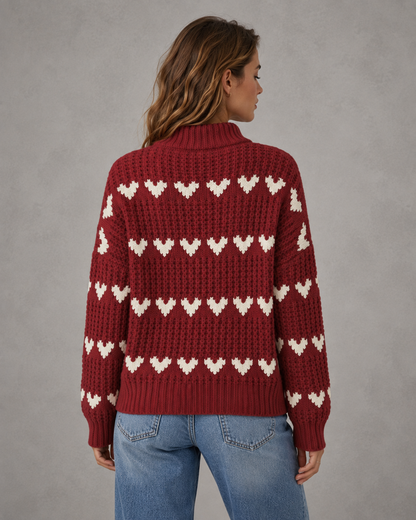 Women's Turtleneck Sweater - Chunky Knit Heart Pattern