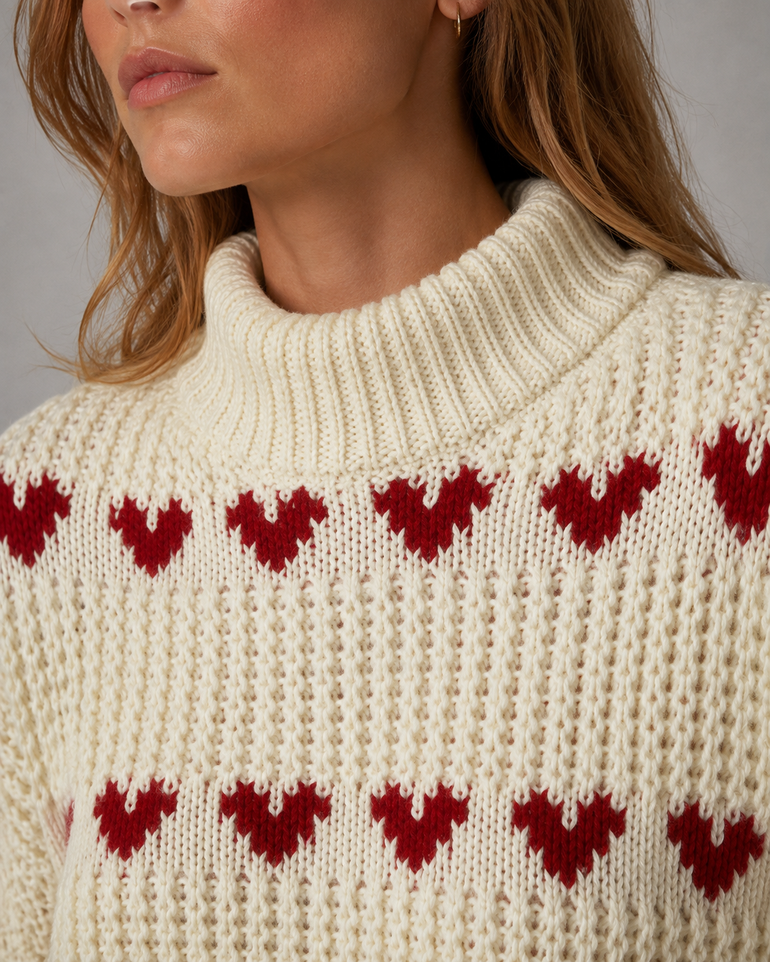 Women's Turtleneck Sweater - Chunky Knit Heart Pattern