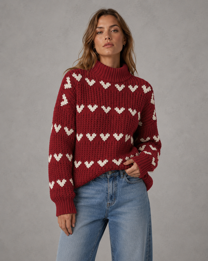 Women's Turtleneck Sweater - Chunky Knit Heart Pattern